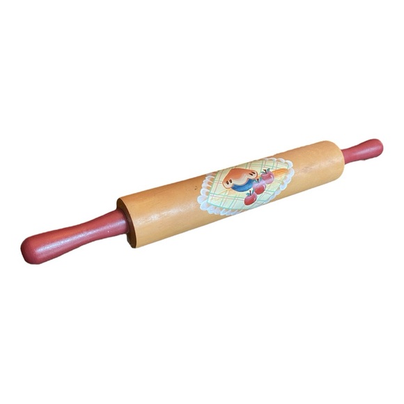 Vintage wooden rolling pin with red handles & painting of pie & apples on - Picture 4 of 6